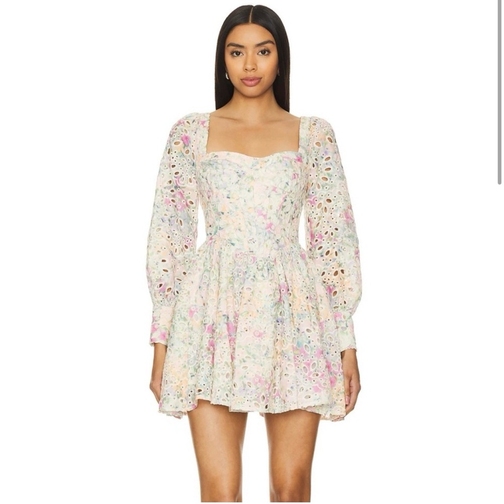 Bardot Lila Flounce Floral Eyelet Mini Dress Corset Puff Sleeve Size 6